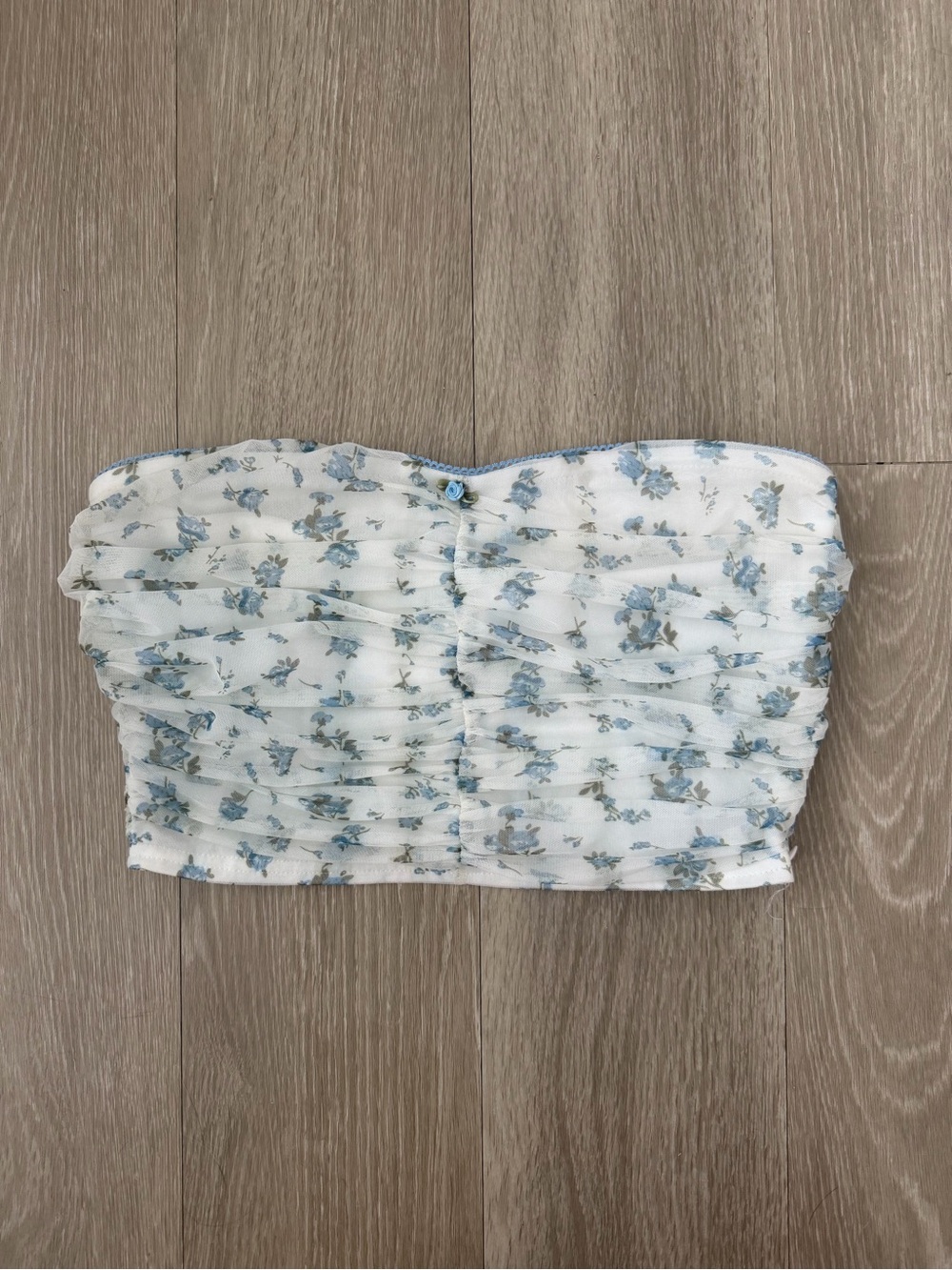 emory park White Strapless Crop Top with Blue Floral Print
